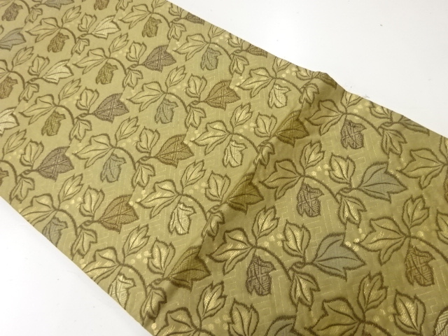 JAPANESE KIMONO / ANTIQUE MARU OBI / SILK / WOVEN LEAVES